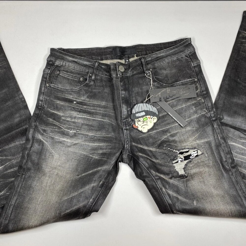 NEW TULONES Men’s Euro Skinny Jeans Coated Black Distressed Denim Size 36 NWT